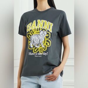 Ganni Gray Tee with Yellow and White Graphic